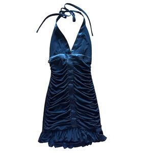 Cache Black Ruched Halter Dress Satin Accent Whimsigoth Goth Y2K Boho Size 4 VTG